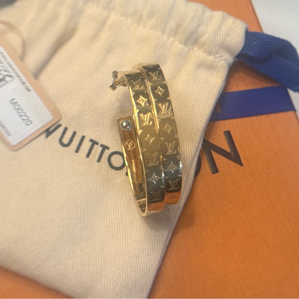 Authentic Louis Vuitton Gold Monogram large hoop earrings like new